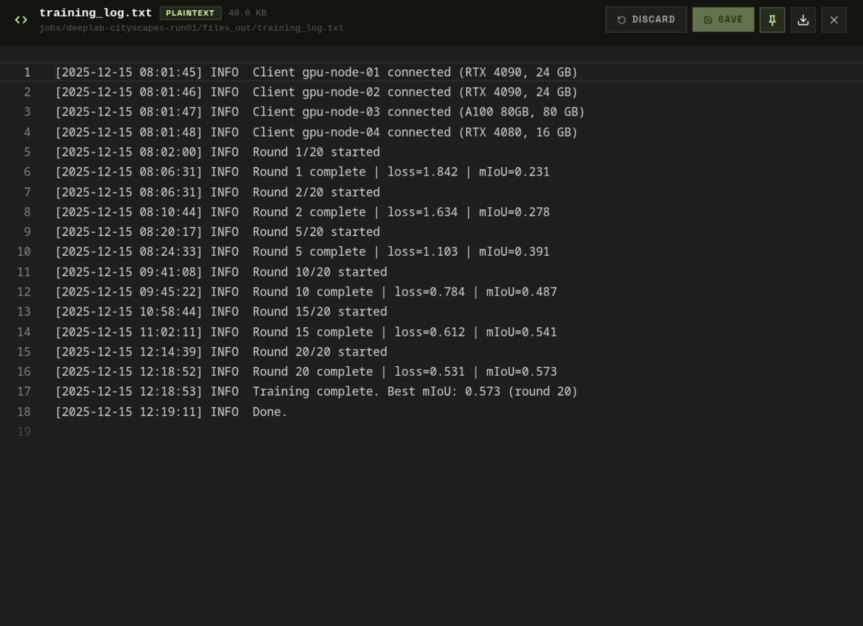File Viewer — training_log.txt with per-round metrics