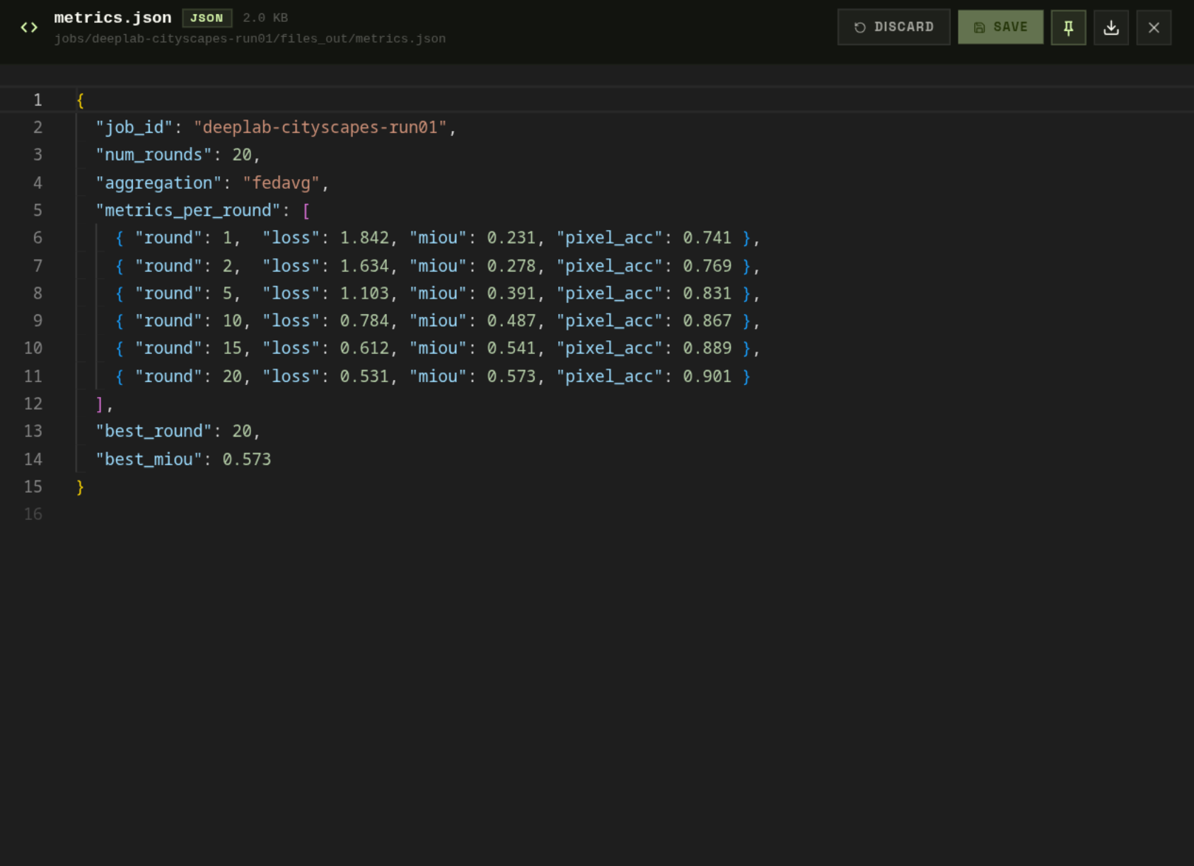 File Viewer — metrics.json with best_round and best_miou