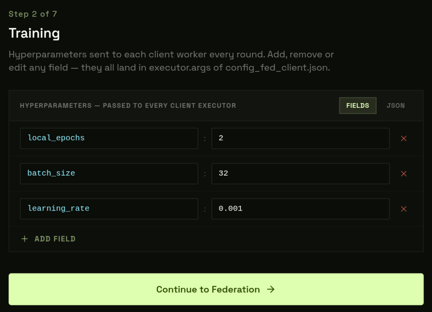 Step 2 — Training Config form