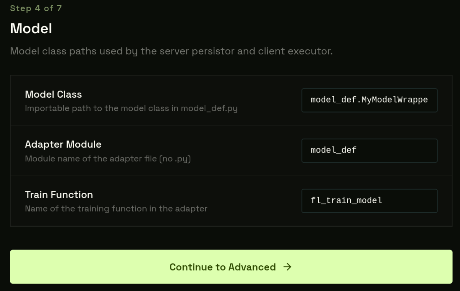 Step 4 — Model Config form