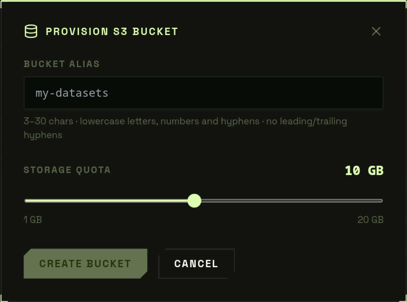 Profile page — Storage section with bucket credentials