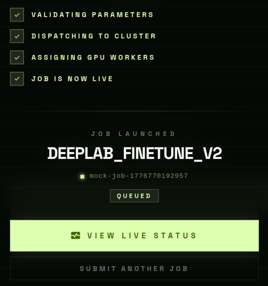 Step 7 — launch confirmation, job created as PENDING