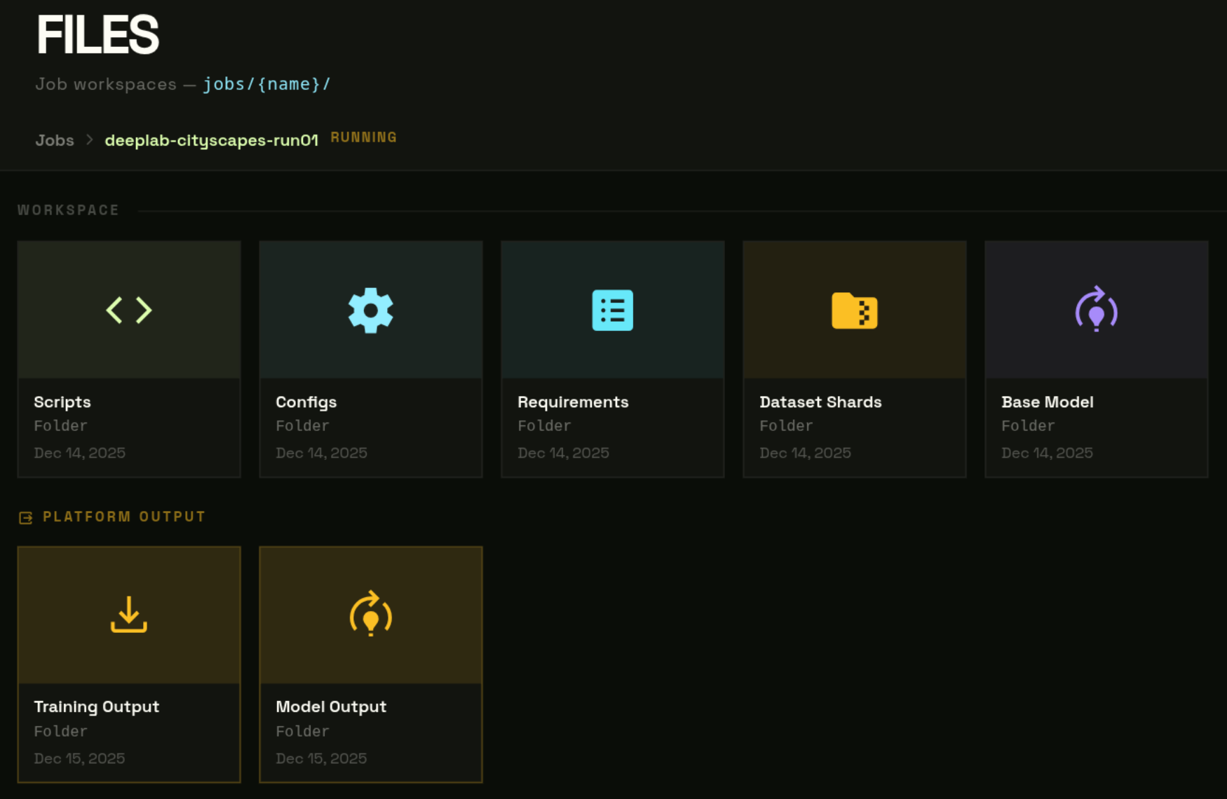 Files page — job folder listing with breadcrumb navigation